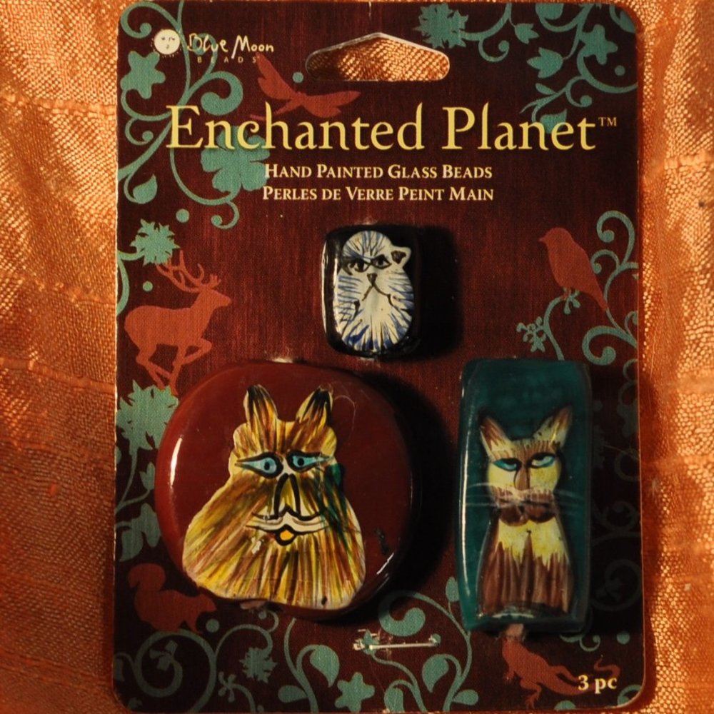 3 for $24 - Blue Moon Beads 2008 Enchanted planet glass beads CATS! NIP (62)